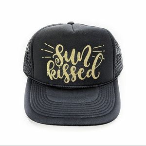 sun kissed gold glitter black trucker hat